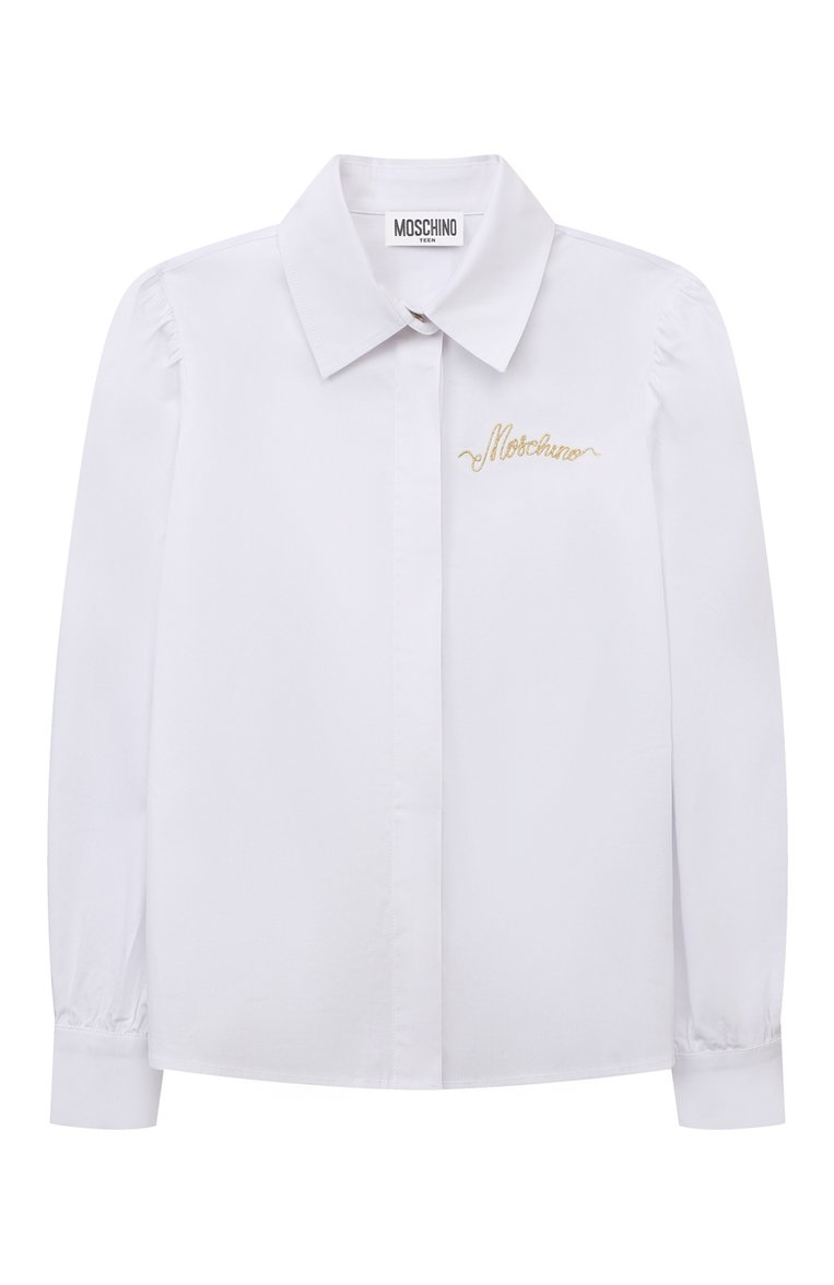 Детское хлопковая блузка MOSCHINO белого цвета, арт. HDC01M/N0Z73/10A-14A | Фото 1 (Материал сплава: Проставлено; Драгоценные камни: Проставлено; Материал внешний: Хлопок; Рукава: Длинные; Стили: Классический)