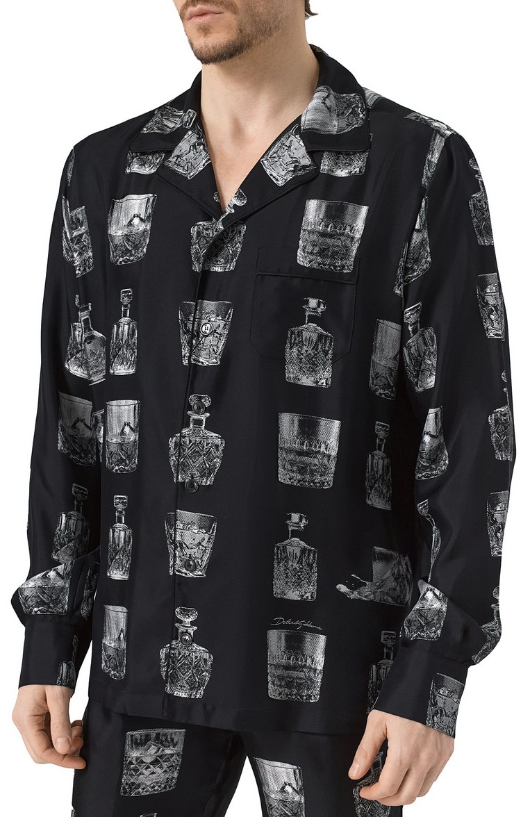Мужская шелковая сорочка DOLCE & GABBANA черного цвета, арт. G5IF1T/HI1V0 | Фото 3 (Длина (для топов): Стандартные; Материал сплава: Проставлено; Рукава: Длинные; Материал внешний: Шелк; Драгоценные камни: Проставлено; Кросс-КТ: домашняя одежда)
