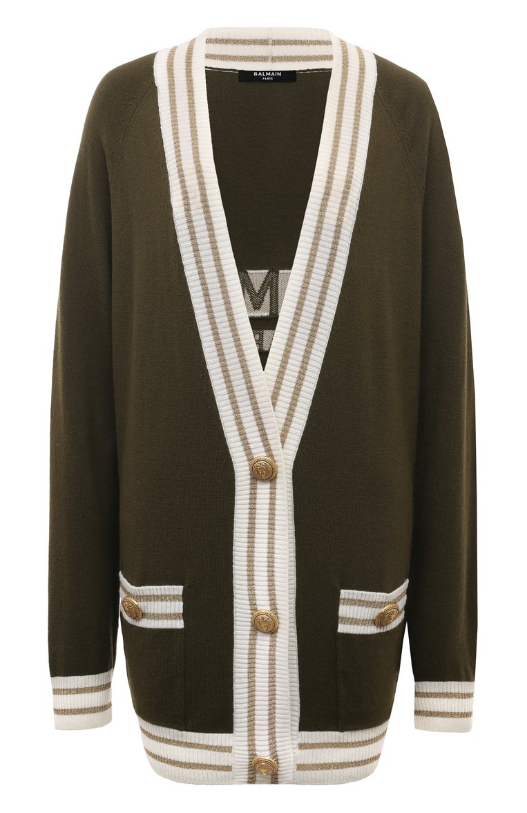 Женский кардиган из шерсти и кашемира BALMAIN хаки цвета, арт. AF1K0000KD97 | Фото 1 (Рукава: Длинные; Длина (для топов): Удлиненные; Материал внешний: Шерсть; Стили: Кэжуэл; Женское Кросс-КТ: кардиган-трикотаж; Застежка: Пуговицы)