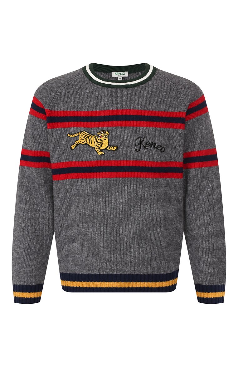 Мужской шерстяной джемпер KENZO светло-серого цвета, арт. F965PU2283DI | Фото 1 (Рукава: Длинные; Мужское Кросс-КТ: Джемперы; Рукава от горловины: Длинные; Материал внешний: Шерсть; Длина (для топов): Стандартные; Статус проверки: Проверено, Проверена категория; Вырез: Круглый; Принт: С принтом; Стили: Кэжуэл)
