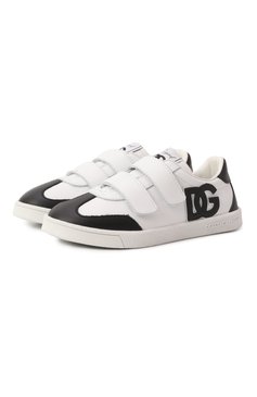Детские кожаные кеды dg original DOLCE & GABBANA черно-белого цвета, арт. DA5254/A1048/24-28 | Фото 1 (Материал внутренний: Натуральная кожа; Нос: Не проставлено; Материал внешний: Натуральная кожа; Материал сплава: Проставлено; Кросс-КТ: велькро; Мальчики Кросс-КТ: Обувь-низкие)