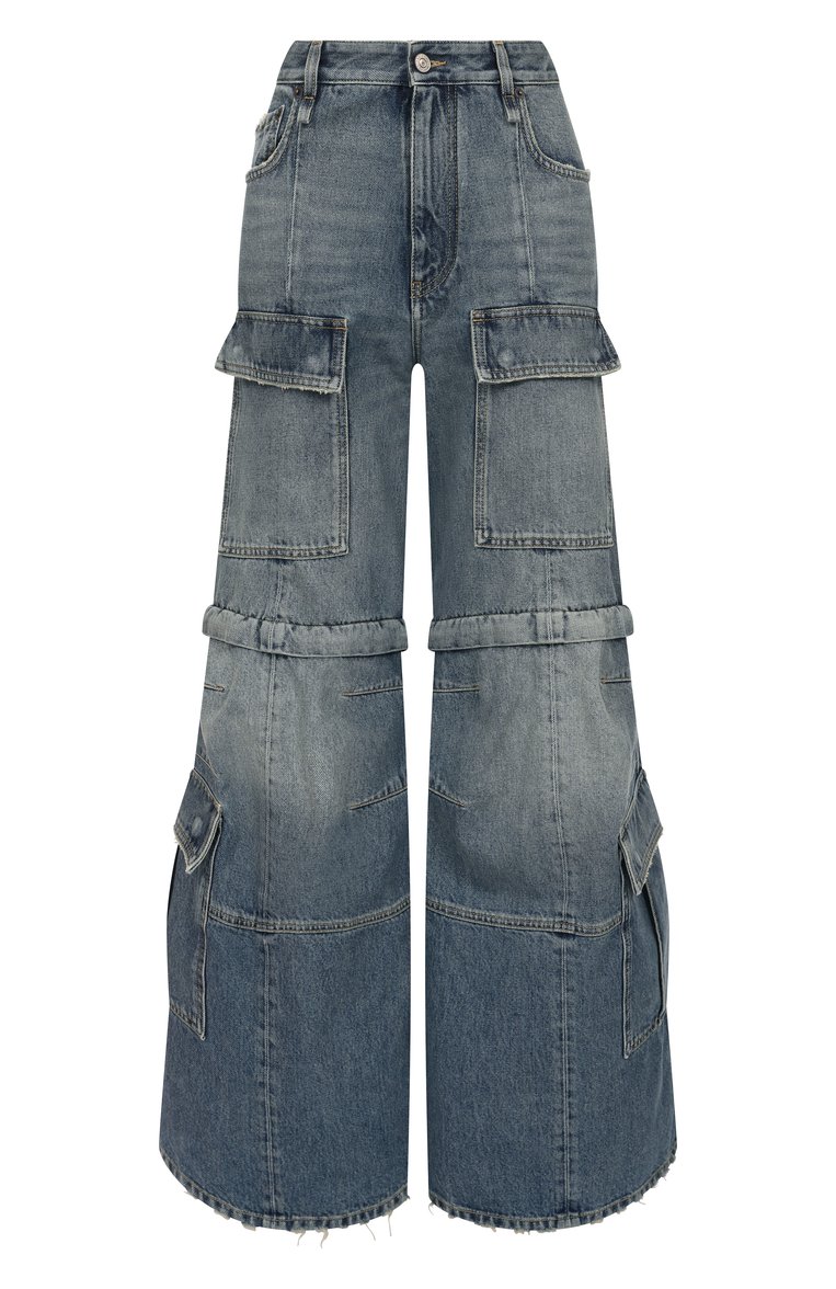 Женские джинсы-карго BALENCIAGA голубого цвета, арт. 783694/THW25 | Фото 1 (Длина (брюки, джинсы): Удлиненные; Материал внешний: Хлопок, Деним; Кросс-КТ: Деним; Детали: Делаве, Накладные карманы; Силуэт Ж (брюки и джинсы): Расклешенные; Стили: Гранж)