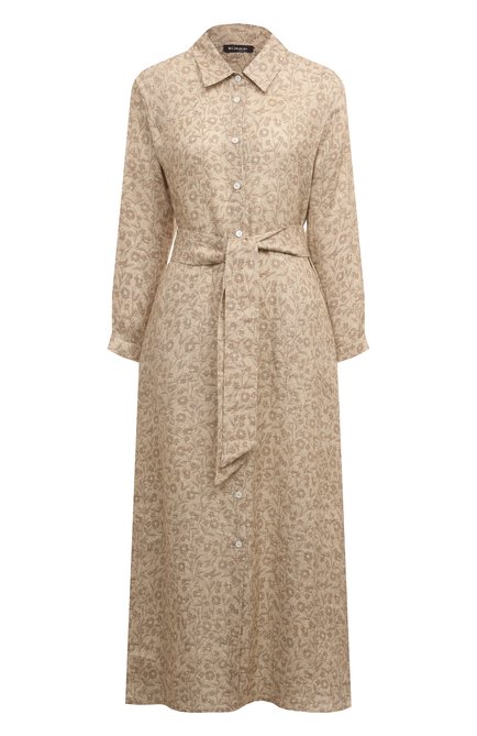 Женское льняное платье KITON бежевого цвета, арт. D57308H08001 | Фото 1 (Драгоценные камни: Проставлено; Материал сплава: Проставлено; Материал внешний: Лен; Рукава: Длинные; Длина Ж (юбки, платья, шорты): Миди)