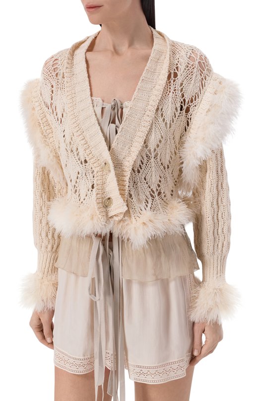 Хлопковый кардиган с отделкой перьями Ann Demeulemeester B0013953/KN089 Бежевый  B0013953/KN089 Фото 3