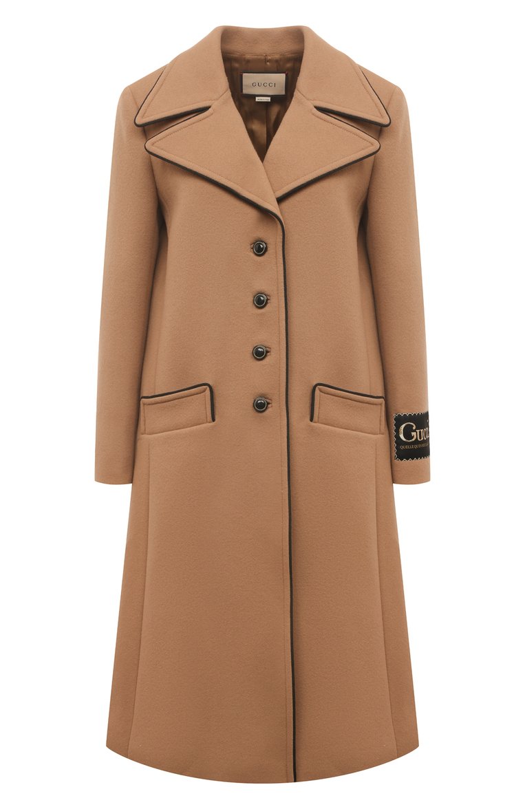 Женское шерстяное пальто GUCCI коричневого цвета, арт. 652015 ZAAL6 | Фото 1 (Рукава: Длинные; Материал внешний: Шерсть; Длина (верхняя одежда): До колена; 1-2-бортные: Однобортные; Стили: Кэжуэл)