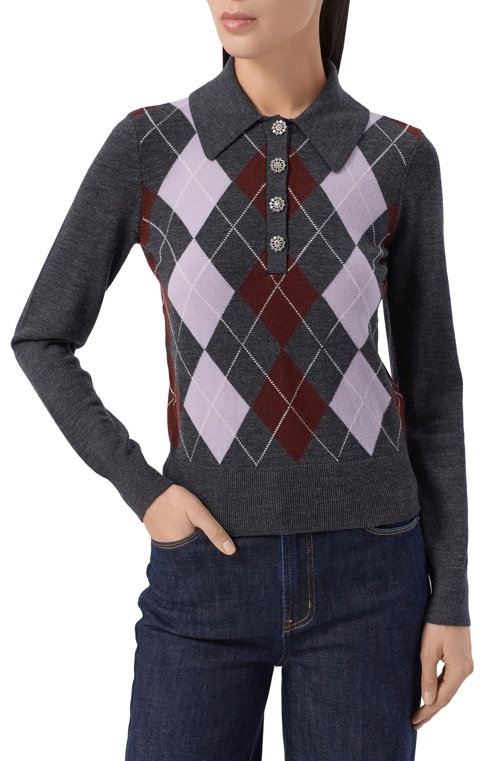 Шерстяное поло SELF-PORTRAIT темно-серого цвета по цене 59650 руб., арт. RS26185TGR, фото 3 Шерстяное поло SELF-PORTRAIT, арт. RS26185TGR, фото 3