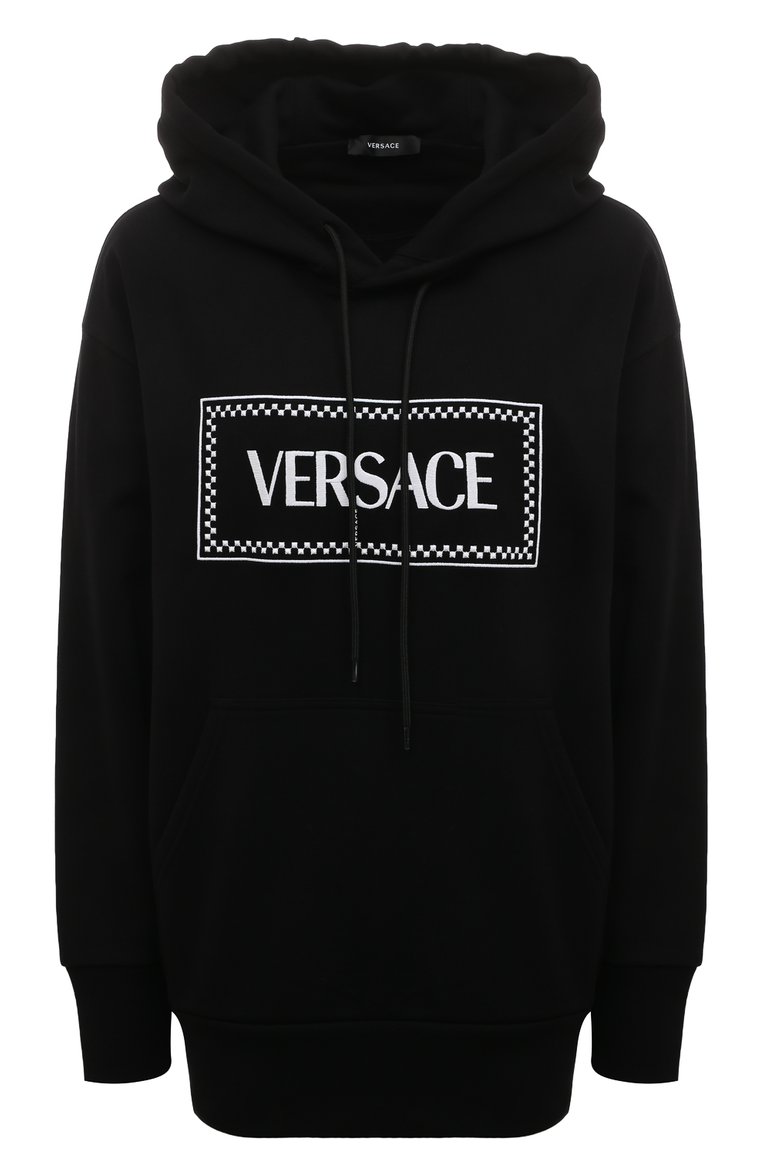 Женский хлопковое худи VERSACE черного цвета, арт. 1011922/1A08672 | Фото 1 (Материал внешний: Хлопок; Длина (для топов): Стандартные; Рукава: Длинные; Стили: Спорт-шик; Женское Кросс-КТ: Худи-одежда; Автоматизация ТО: Проставлено; Автоматизация состава: Проставлено)