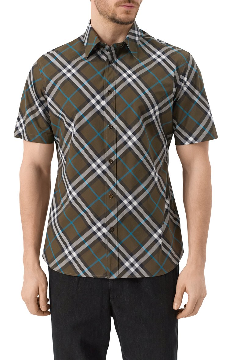 Мужская хлопковая рубашка BURBERRY хаки цвета, арт. 8099224 | Фото 3 (Рукава: Короткие; Материал сплава: Проставлено; Драгоценные камни: Проставлено; Длина (для топов): Стандартные; Воротник: Кент; Принт: Клетка; Стили: Кэжуэл; Случай: Повседневный; Материал внешний: Хлопок)