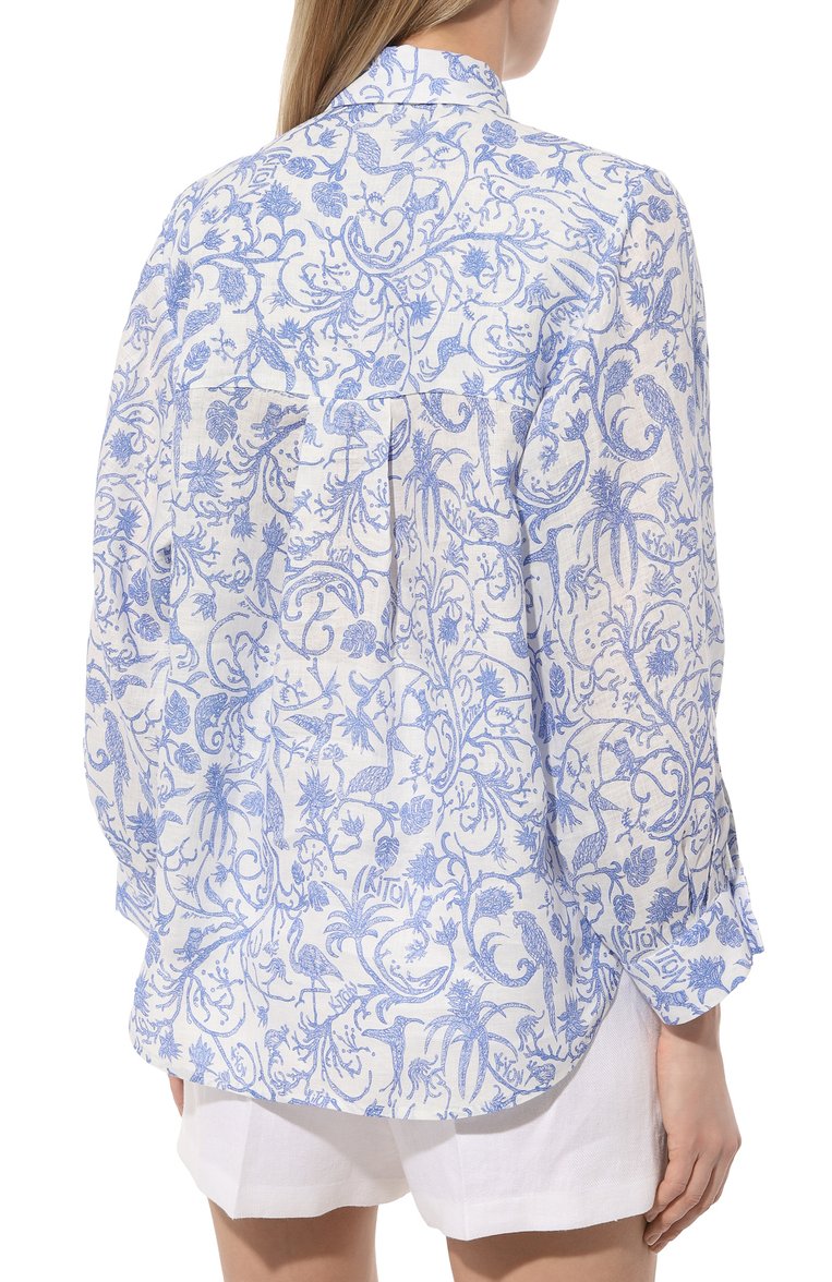 Женская льняная блузка KITON голубого цвета, арт. D53420H08902 | Фото 4 (Рукава: Длинные; Длина (для топов): Стандартные; Материал внешний: Лен; Принт: С принтом; Женское Кросс-КТ: Блуза-одежда; Стили: Кэжуэл)