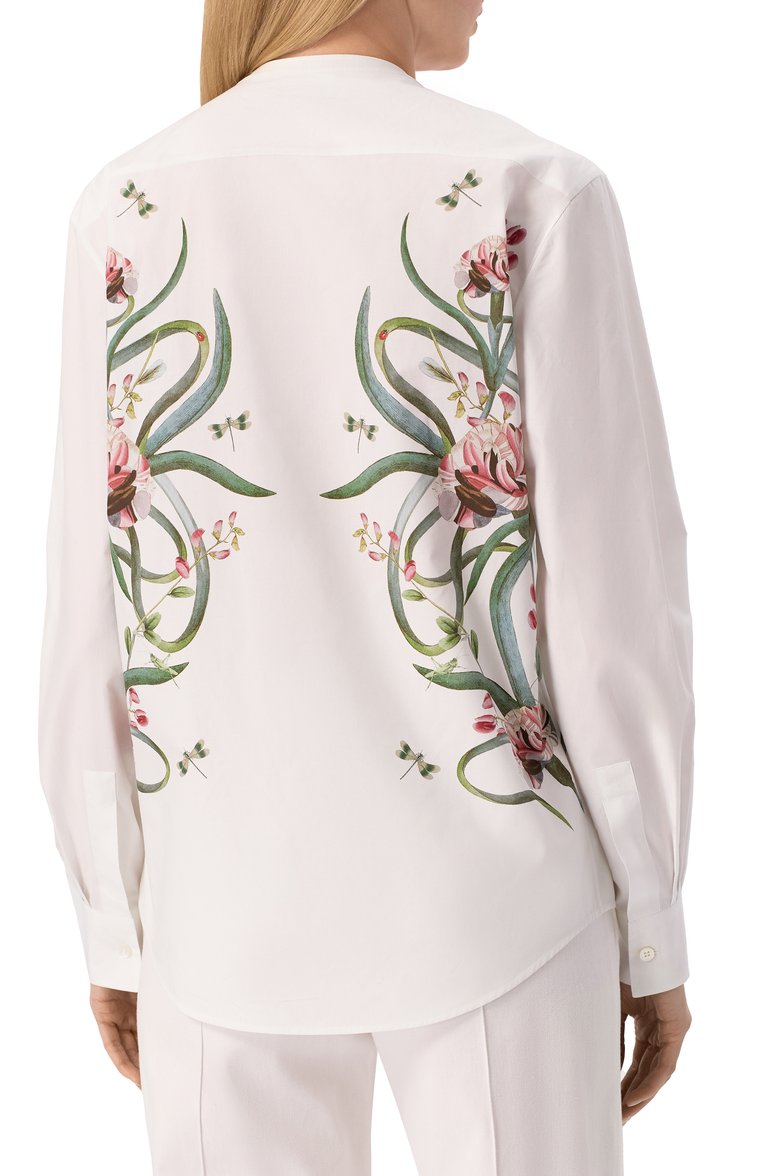 Женская хлопковая рубашка GIAMBATTISTA VALLI белого цвета, арт. 25SSSVCA1079/A2PRI | Фото 4 (Материал внешний: Хлопок; Автоматизация состава: Проставлено; Автоматизация ТО: Проставлено; Длина (для топов): Удлине�нные; Рукава: Длинные; Женское Кросс-КТ: Рубашка-одежда; Принт: С принтом; Стили: Кэжуэл)