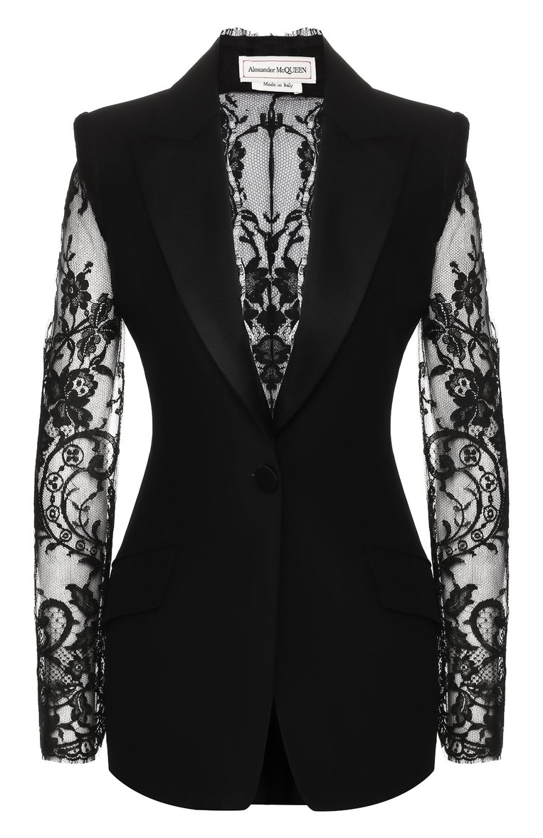 Женский жакет ALEXANDER MCQUEEN черного цвета, арт. 592042/QEAAA | Фото 1 (Статус проверки: Проверено, Проверена категория; Длина (для топов): Стандартные; Материал внешний: Синтетический материал, Вискоза; Рукава: Длинные; Материал подклада: Купро; 1-2-бортные: Однобортные; Женское Кросс-КТ: Жакет-одежда; Случай: Вечерний)
