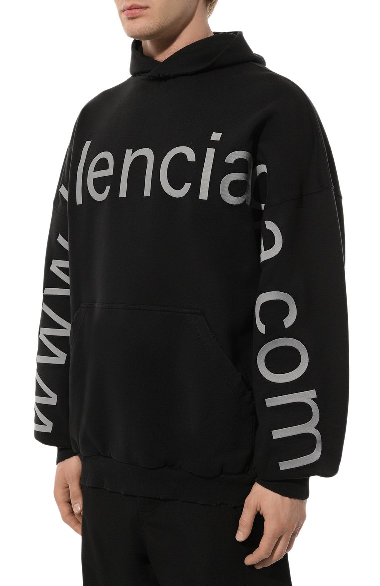 Мужской хлопковое худи BALENCIAGA черного цвета, арт. 739024/T0VN9 | Фото 3 (Рукава: Длинные; Длина (для топов): Стандартные; Материал внешний: Хлопок; Мужское Кросс-КТ: Худи-одежда; Стили: Гранж; Принт: С принтом)