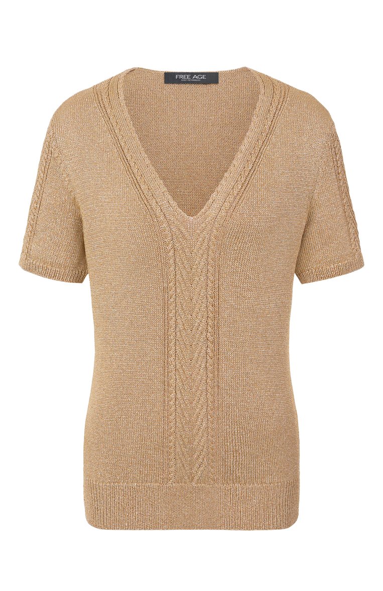 Женский пуловер из вискозы FREEAGE золотого цвета, арт. S25.JM122.9009.800 | �Фото 1 (Длина (для топов): Стандартные; Рукава: Короткие; Материал внешний: Вискоза; Стили: Кэжуэл; Женское Кросс-КТ: Пуловер-одежда; Автоматизация состава: Проставлено; Автоматизация ТО: Проставлено)