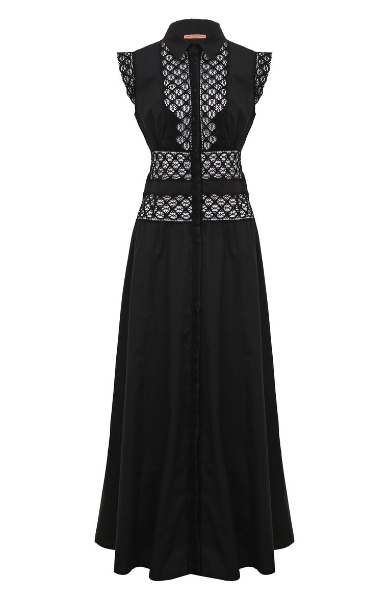 Женское хлопковое платье ERMANNO SCERVINO черного цвета, арт. D444K302JHL | Фото 1 (Материал внешний: Хлопок; Длина Ж (юбки, платья, шорт�ы): Макси; Женское Кросс-КТ: Платье-пляжная одежда; Стили: Романтичный; Рукава: Без рукавов)