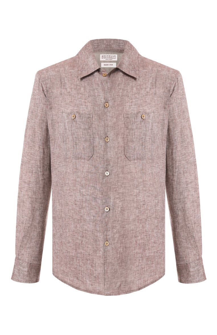 Мужская льняная рубашка BRUNELLO CUCINELLI коричневого цвета, арт. MM6840658 | Фото 1 (Рукава: Длинные; Материал внешний: Лен; Длина (для топов): Стандартные; Случай: Повседневный; Манжеты: На пуговицах; Принт: Однотонные; Воротник: Кент; Стили: Кэжуэл)
