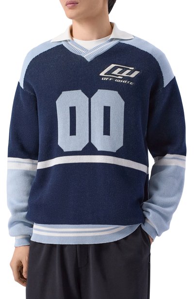 Хлопковый пуловер OFF-WHITE синего цвета по цене 95800 руб., арт. 0MHV008S26KNI001, фото 3 Хлопковый пуловер OFF-WHITE, арт. 0MHV008S26KNI001, фото 3