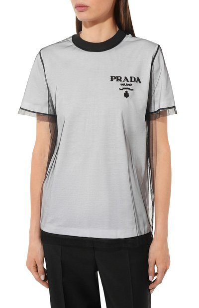 Хлопковая футболка PRADA черно-белого цвета по цене 115000 руб., арт. 3579AR-1Z5S-F0964-221, фото 3 Хлопковая футболка PRADA, арт. 3579AR-1Z5S-F0964-221, фото 3