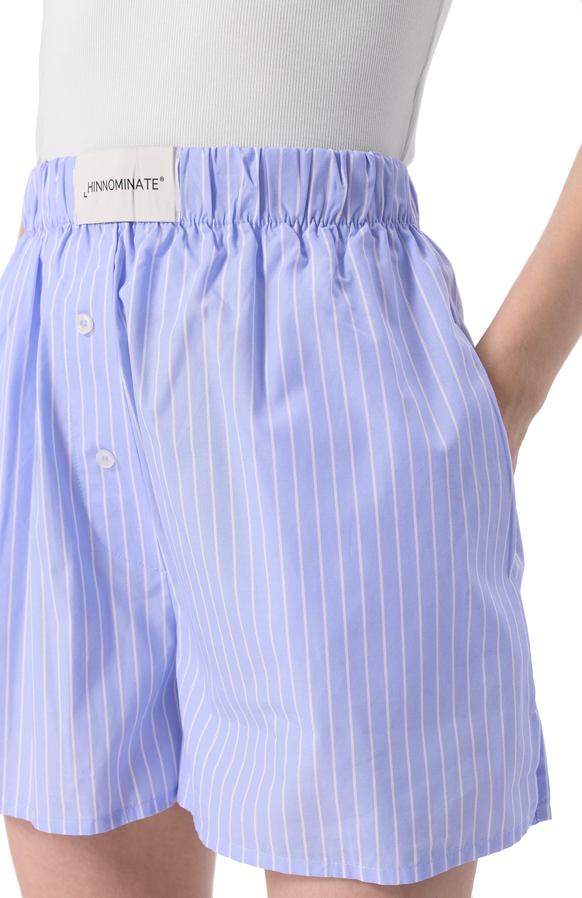 Хлопковые шорты HINNOMINATE голубого цвета по цене 8360 руб., арт. HMABW01713, фото 5 Хлопковые шорты HINNOMINATE, арт. HMABW01713, фото 5