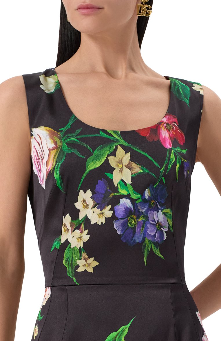 Женское атласное платье DOLCE & GABBANA черного цвета, арт. F6ZJ6T/FSIB5 | Фото 5 (Длина Ж (юбки, платья, шорты): Миди; Автоматизация ТО: Проставлено; Материал внешний: Вискоза; Автоматизация состава: Проставлено; Случай: Коктейльный; Женское Кросс-КТ: Платье-одежда, платье-футляр; Стили: Гламурный; Рукава: Без рукавов; Материал подклада: Шелк)