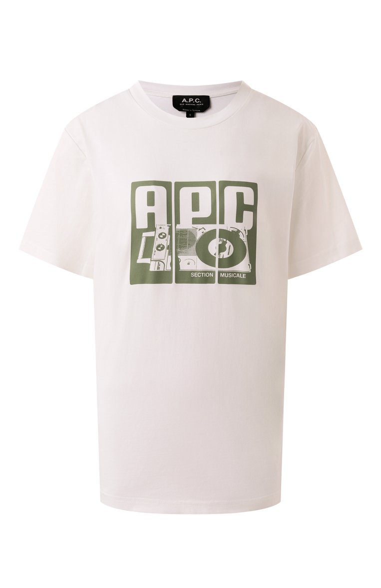 Женская хлопковая футболка A.P.C. белого цвета, арт. C0BQX-M26485 | Фото 1 (Длина (для топов): Стандартные; Материал сплава: Проставлено; Рукава: Короткие; Драгоценные камни: Проставлено; Принт: С принтом; Стили: Кэжуэл; Материал внешний: Хлопок)