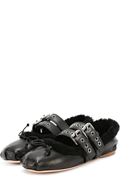 Кожаные балетки с ремешками и меховой отделкой MIU MIU, арт. 5F495A/3H7C, фото 1