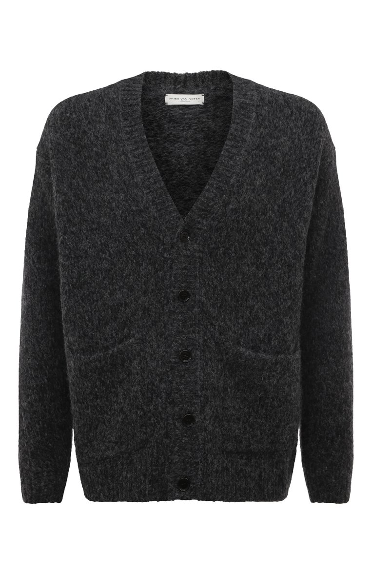 Мужской шерстяной кардиган DRIES VAN NOTEN серого цвета, арт. 232-021242-7704 | Фото 1 (Материал внешний: Шерсть; Драгоценные камни: Проставлено; Рукава: Длинные; Длина (для топов): Стандартные; Материал сплава: Проставлено; Мужское Кросс-КТ: Кардиган-одежда; Стили: Минимализм)