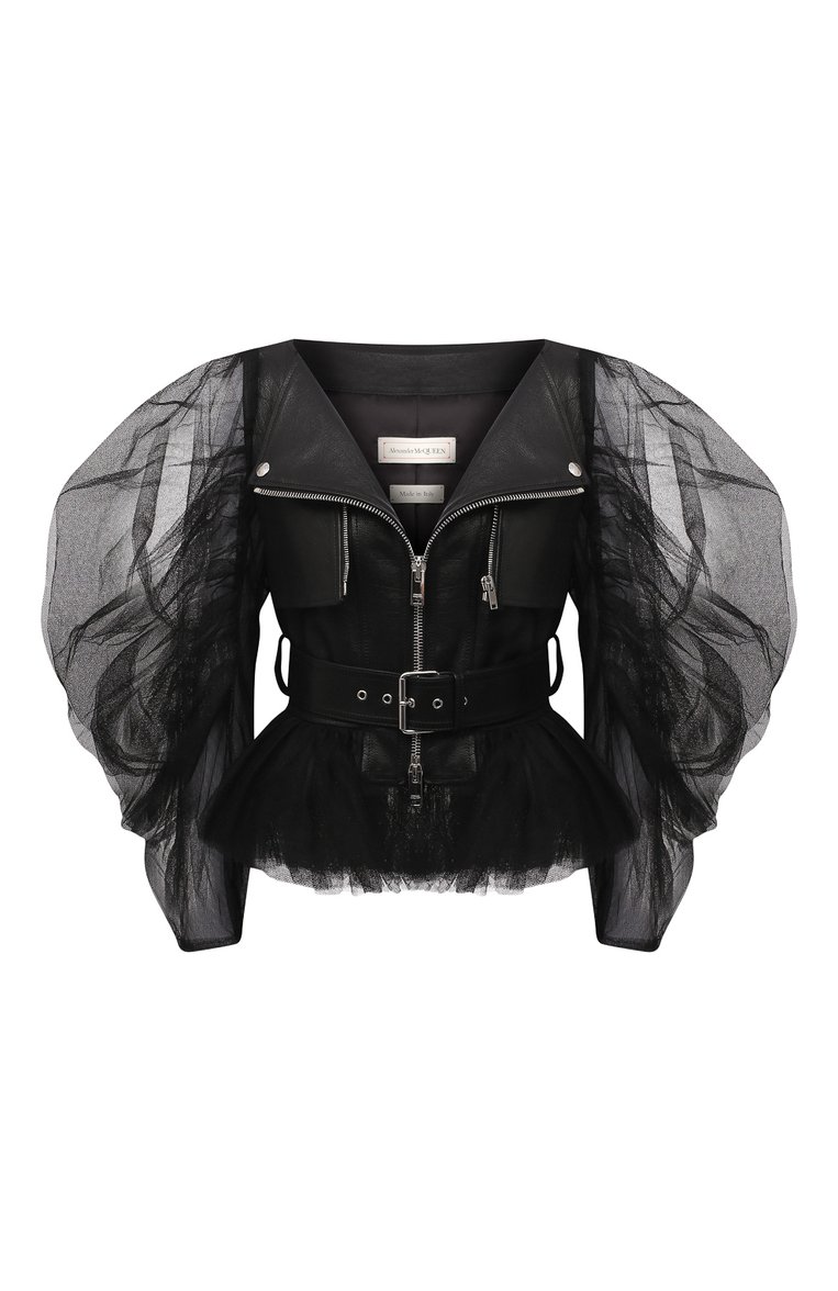 Женская кожаная куртка ALEXANDER MCQUEEN черного цвета, арт. 659837/Q5AF7 | Фото 1 (Рукава: Длинные; Длина (верхняя одежда): Короткие; Материал подклада: Шелк; Женское Кросс-КТ: Замша и кожа; Стили: Гранж; Материал внешний: Натуральная кожа; Кросс-КТ: Куртка, Легкие; Региональные ограничения белый список (Axapta Mercury): RU)