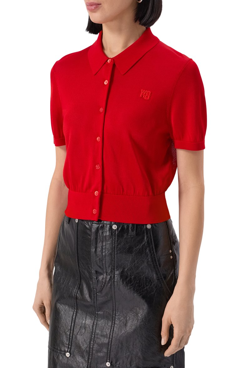 Женский кардиган из вискозы ALEXANDERWANG.T красного цвета, арт. 4KC1253077 | Фото 3 (Длина (для топов): Укороченные; Рукава: Короткие; Материал внешний: Вискоза; Стили: Кэжуэл; Женское Кросс-КТ: кардиган-трикотаж; Застежка: Пуговицы)