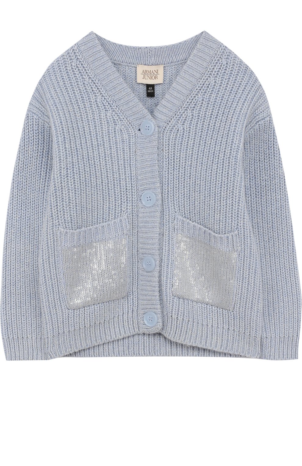 Кардиган крупной вязки на пуговицах с пайетками ARMANI JUNIOR голубого цвета по цене 19950 руб., арт. 6Y3E74/3MFGZ/4A-10A, фото 1 Кардиган крупной вязки на пуговицах с пайетками ARMANI JUNIOR, арт. 6Y3E74/3MFGZ/4A-10A, фото 1
