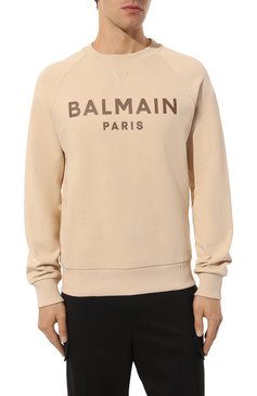 Мужской хлопковый свитшот BALMAIN бежевого цвета, арт. BH0JQ005/BB65 | Фото 3 (Рукава: Длинные; Длина (для топов): Стандартные; Принт: С принтом; Мужское Кросс-КТ: свитшот-одежда; Материал сплава: Проставлено; Материал внешний: Хлопок; Стили: Спорт-шик; Драгоценные камни: Проставлено)