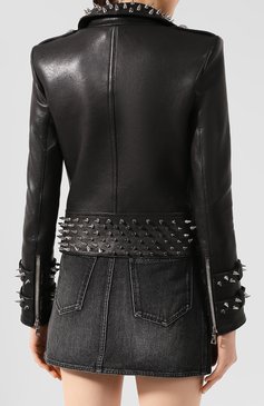 Женская кожаная к�уртка BALMAIN черного цвета, арт. SF08360/L069 | Фото 4 (Статус проверки: Проверена категория; Материал подклада: Купро; Длина (верхняя одежда): Короткие; Рукава: Длинные; Женское Кросс-КТ: Замша и кожа; Кросс-КТ: Куртка, Легкие; Материал внешний: Натуральная кожа; Драгоценные камни: Проставлено; Материал сплава: Проставлено; Автоматизация Diginetica: Не назначено)