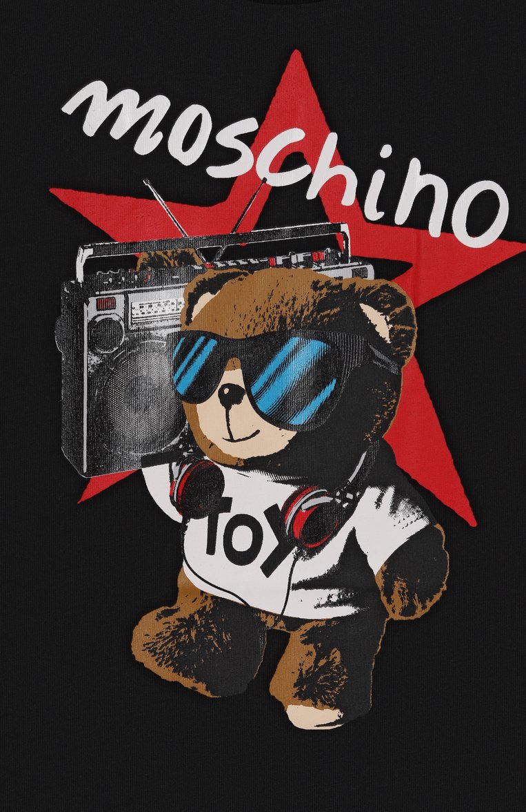 Детская хлопковая футболка MOSCHINO черного цвета, арт. HXM04K/LAA24/4-8 | Фото 3 (Рукава: Короткие; Материал внешний: Хлопок; Мальчики Кросс-КТ: Футболка-одежда; Тематический товар: Teddy Bear; Ростовка одежда: 4 года | 104 см, 5 лет | 110 см, 6 лет | 116 см, 8 лет | 128 см)