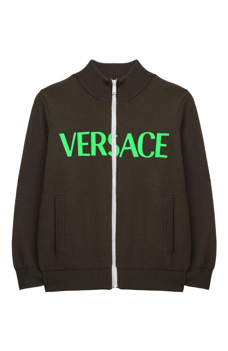 Детский шерстяной кардиган VERSACE хаки цвета, арт. 1010872/1A07919/4A-6A | Фото 1 (Рукава: Длинные; Материал внешний: Шерсть; Мальчики Кросс-КТ: Кардиган-одежда)
