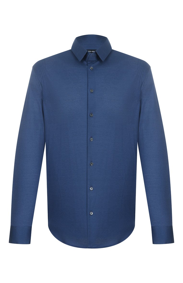 Мужская хлопковая сорочка GIORGIO ARMANI синего цвета, арт. GM000056/TE14817 | Фото 1 (Материал внешний: Хлопок; Рукава: Длинные; Длина (для топов): Стандартные; Манжеты: На пуговицах; Воротник: Кент; Рубашки М: Slim Fit; Принт: Однотонные; Случай: Формальный; Стили: Классический; Автоматизация ТО: Проставлено; Автоматизация состава: Проставлено; Детали: Без декора)