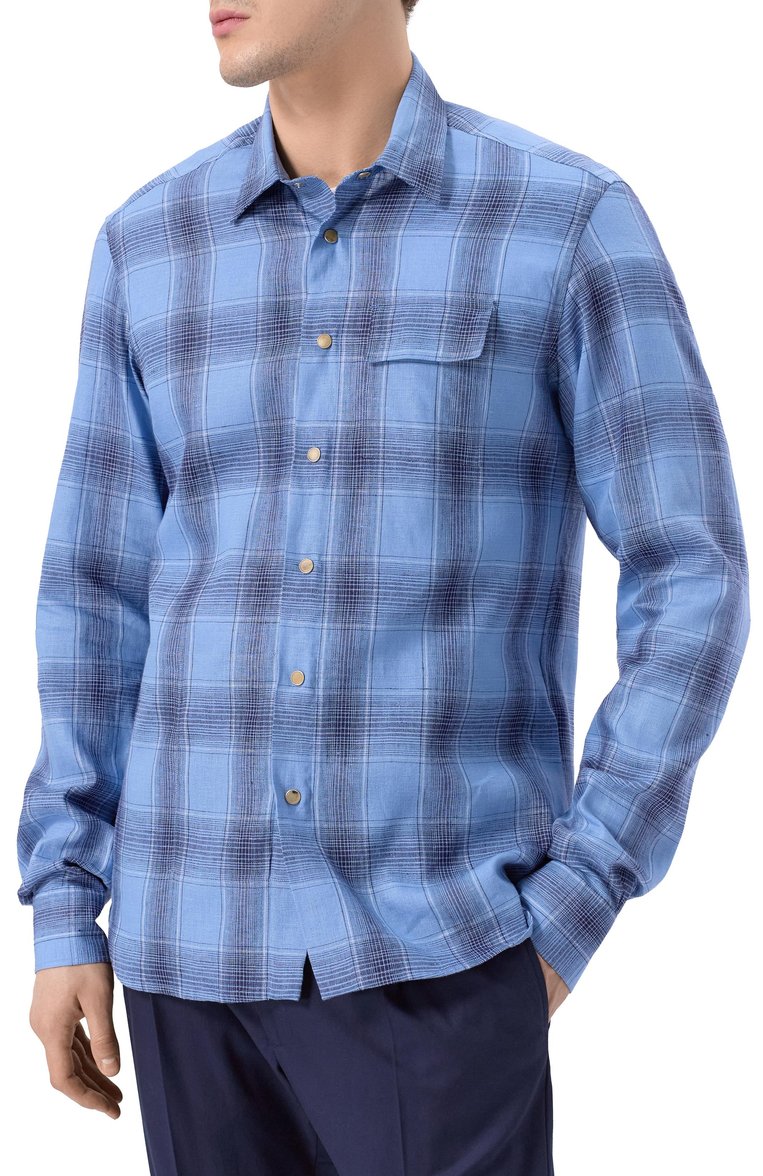 Мужская льняная рубашка KITON голубого цвета, арт. UMCBUBAH0926401_5XL-8XL | Фото 3 (Материал внешний: Лен; Автоматизация ТО: Проставлено; Рукава: Длинные; Длина (для топов): Удлиненные; Автоматизация состава: Проставлено; Манжеты: На кнопках; Случай: Повседневный; Стили: Кэжуэл; Принт: Клетка; Воротник: Кент; Детали: Без декора)