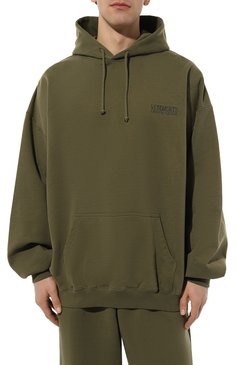 Мужской хлопковое худи VETEMENTS хаки цвета, арт. UE64HD300Z | Фото 3 (Рукава: Длинные; Принт: Без принта; Длина (для топов): Удлиненные; Мужское Кросс-КТ: Худи-одежда; Материал сплава: Проставлено; Стили: Милитари; Материал внешний: Хлопок; Драгоценные камни: Проставлено)