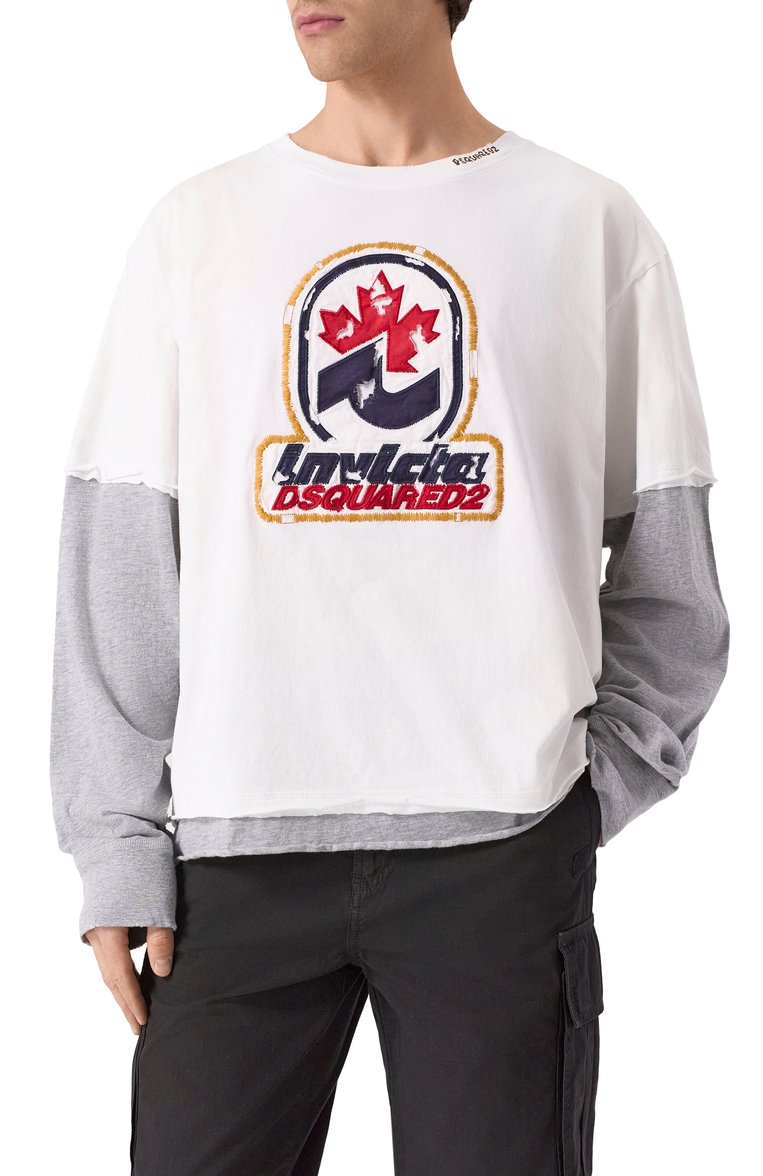 Мужская хлопковый лонгслив DSQUARED2 белого цвета, арт. S74GD1421/DTJ005 | Фото 3 (Рукава: Длинные; Материал внешний: Хлопок; Дл�ина (для топов): Стандартные; Принт: Без принта; Стили: Кэжуэл; Кросс-КТ: Джерси; Мужское Кросс-КТ: Футболка-одежда)