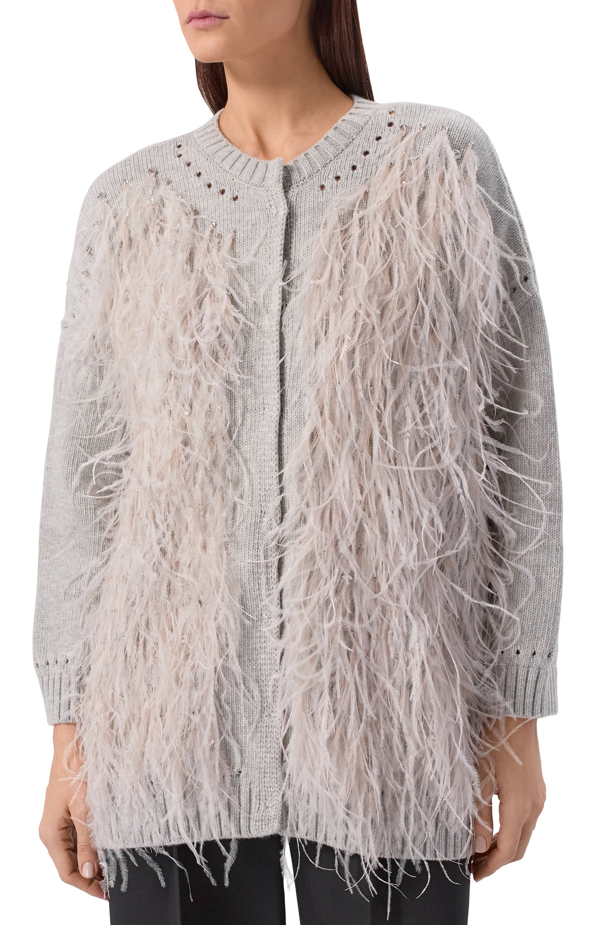 Шерстяной кардиган с отделкой перьями DICE KAYEK, арт. PF25K80520 LCR GREY, фото 3