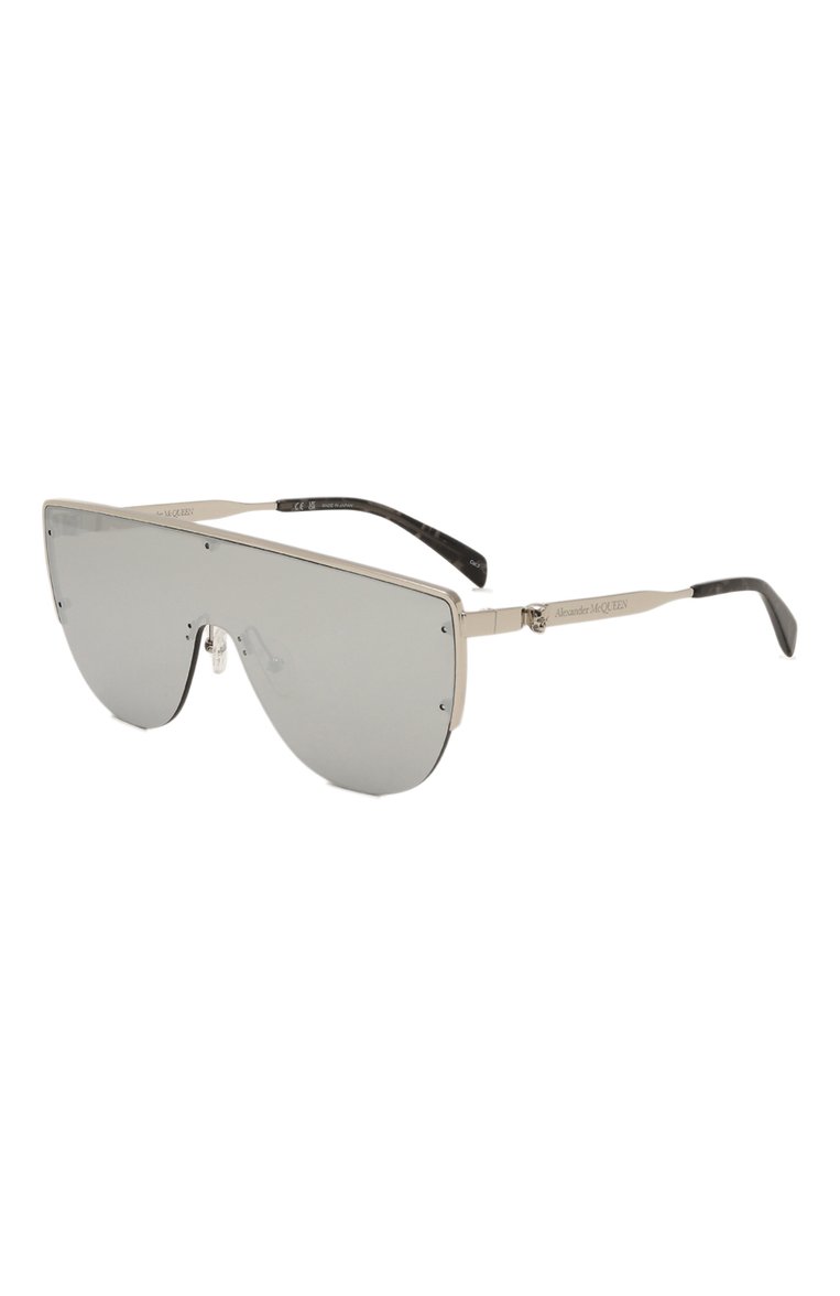Женские солнцезащитные очки ALEXANDER MCQUEEN серебрян�ого цвета, арт. AM0457S 004 | Фото 1 (Нос: Не проставлено; Региональные ограничения белый список (Axapta Mercury): Не проставлено; Тип очков: С/з; Материал: Металл; Кросс-КТ: С/з-унисекс; Очки форма: Маска; Оптика Гендер: оптика-унисекс)