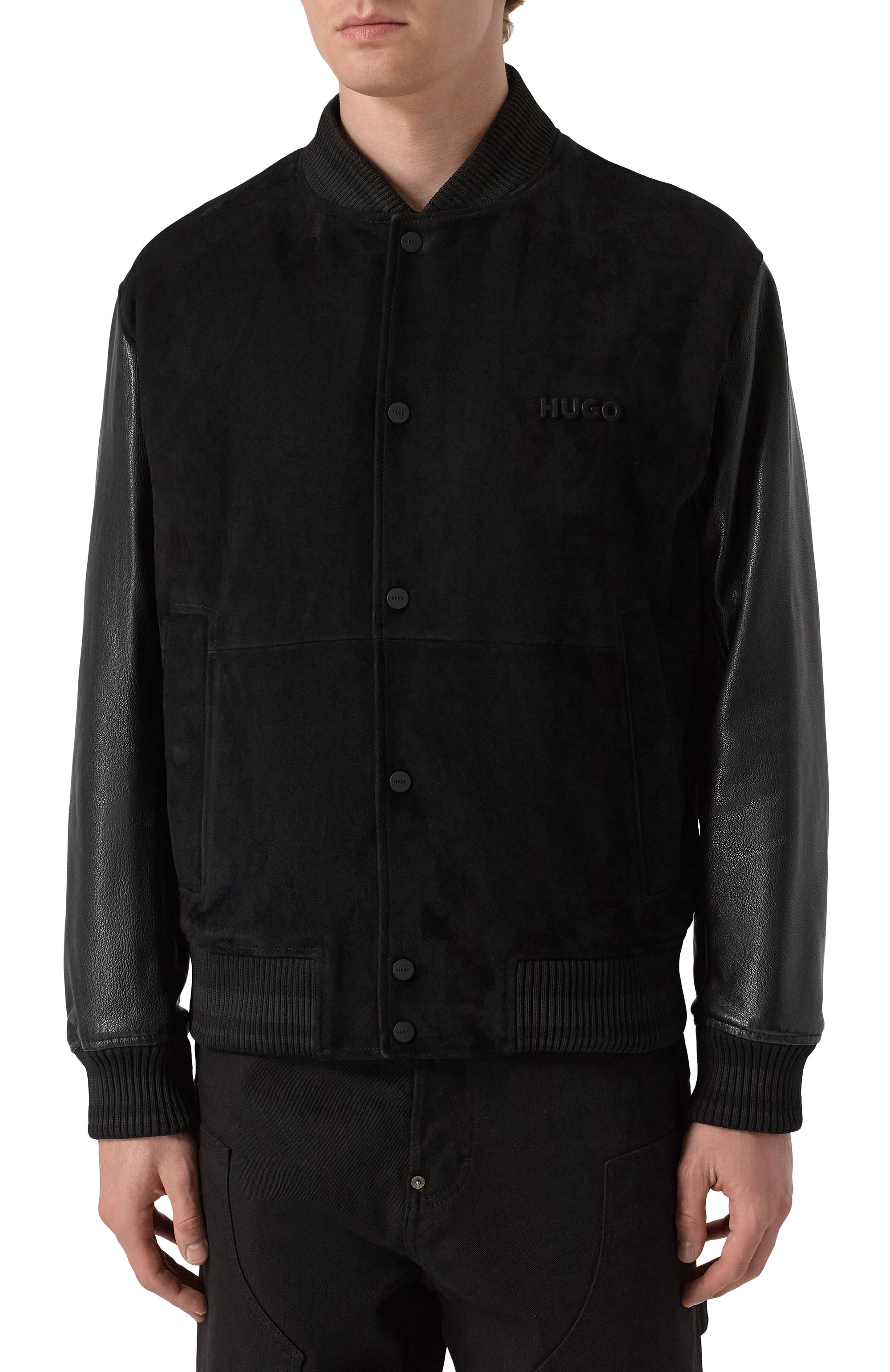 Кожаный бомбер HUGO черного цвета по цене 69950 руб., арт. 50541881, фото 3 Кожаный бомбер HUGO, арт. 50541881, фото 3