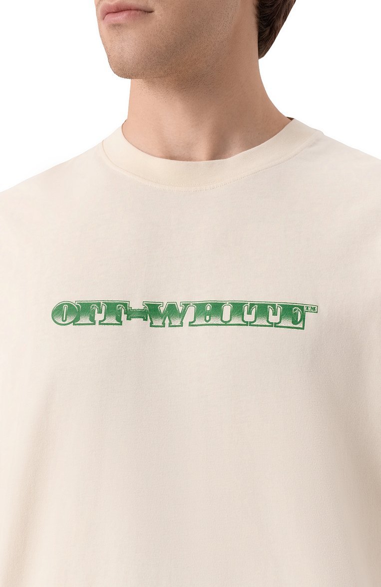 Мужская хлопковая футболка OFF-WHITE кремового цвета, арт. 0MAA120S25JER00E | Фото 5 (Автоматизация ТО: Проставлено; Автоматизация состава: Проставлено; Рукава: Короткие; Материал внешний: Хлопок; Длина (для топов): Стандартные; Стили: Спорт-шик; Мужское Кросс-КТ: Футболка-одежда; Принт: С принтом; Детали: Без декора)