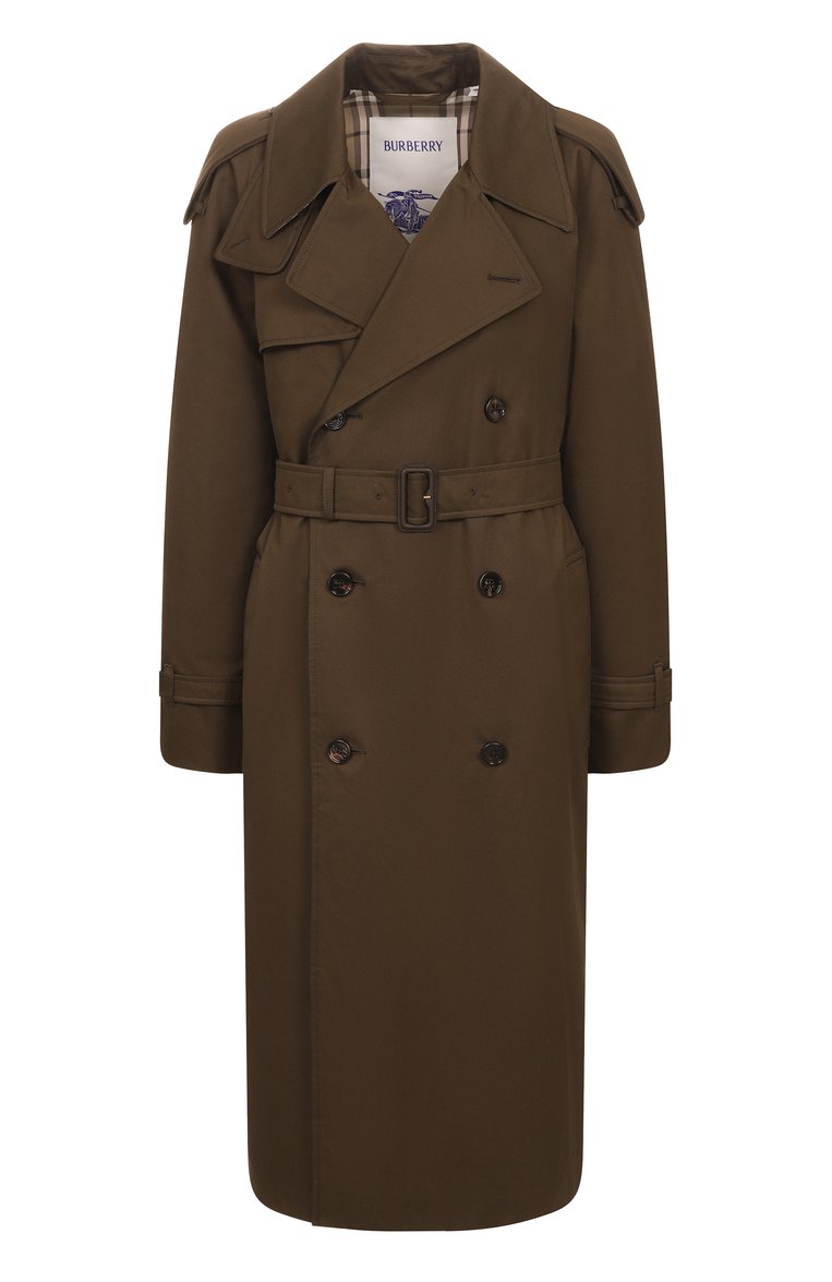 Женский хлопковый тренч BURBERRY хаки цвета, арт. 8104555 | Фото 1 (Материал подклада: Хлопок; Длина (верхняя одежда): Длинные; Рукава: Длинные; Кросс-КТ: �Куртка; Стили: Милитари; Материал внешний: Хлопок)