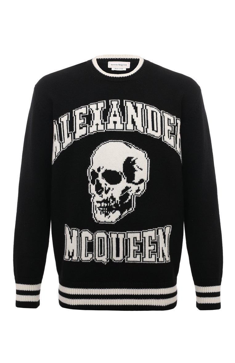 Мужской свитер из шерсти и кашемира ALEXANDER MCQUEEN черного цвета, арт. 760760/Q1XII | Фото 1 (Длина (для топов): Стандартные; Рукава: Длинные; Материал внешний: Шерсть; Мужское Кросс-КТ: Свитер-одежда; Принт: С принтом; Стили: Гранж)