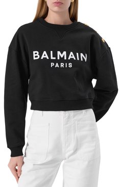 Женский хлопковый свитшот BALMAIN черного цвета, арт. EF1JQ002/BB02 | Фото 3 (Драгоценные камни: Проставлено; Рукава: Длинные; Материал сплава: Проставлено; Длина (для топов): Укороченные; Женское Кросс-КТ: Свитшот-одежда; Стили: Кэжуэл; Материал внешний: Хлопок)