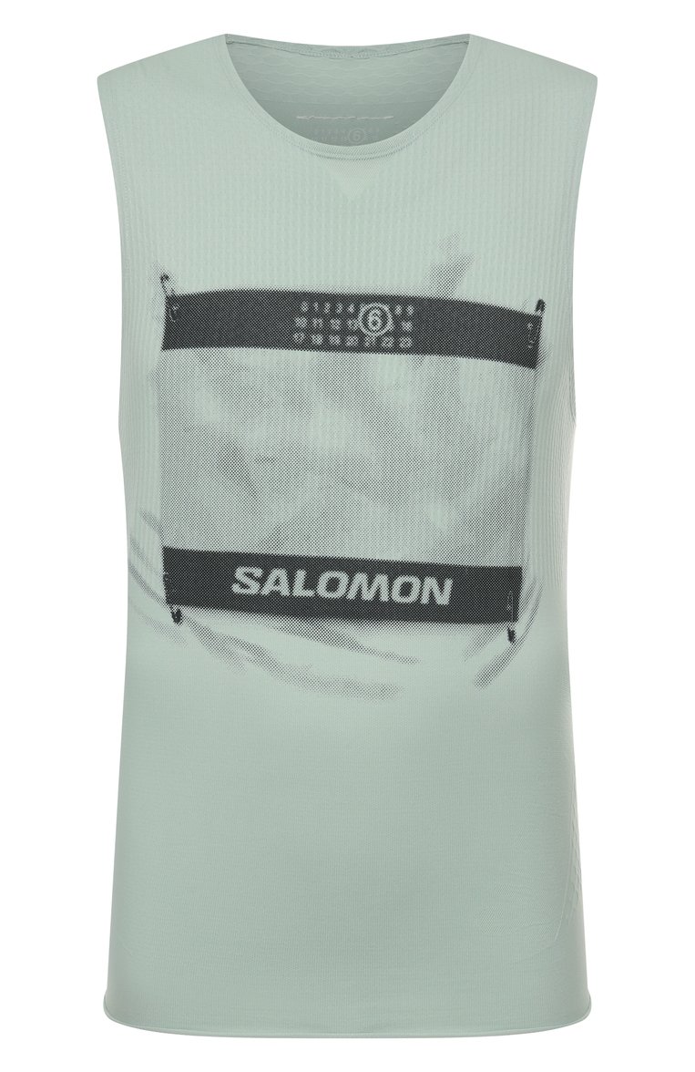 Мужская майка mm6 maison margiela x salomon MM6 светло-зеленого цвета, арт. SH0NL0005/M20101 | Фото 1 (Автоматизация состава: Проставлено; Длина (для топов): Стандартные; Автоматизация ТО: Проставлено; Материал внешний: Синтетический материал; Мужское Кросс-КТ: Футболка-одежда; Принт: С принтом; Стили: Спорт-шик, Кэжуэл; Рукава: Без рукавов; Детали: Без декора)
