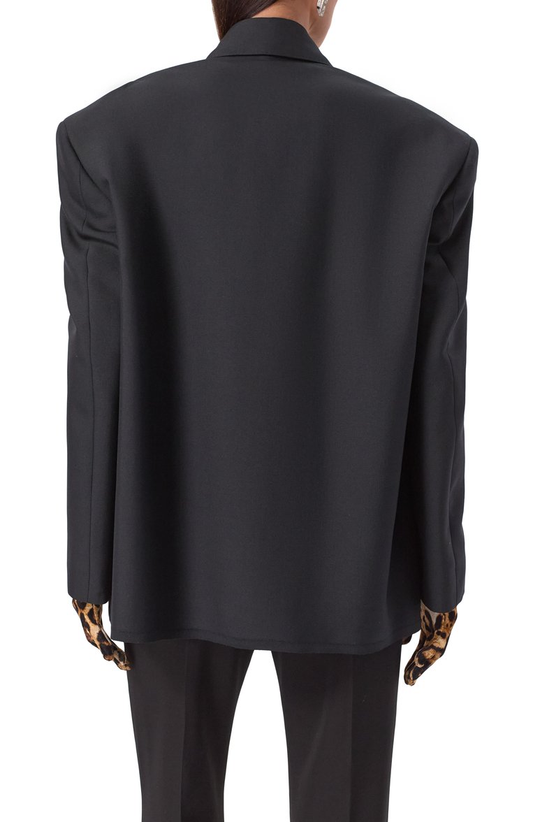 Женский жакет BALENCIAGA черного цвета, арт. 814411/TKT28 | Фото 4 (Рукава: Длинные; Женское Кросс-КТ: Жакет-одежда; Длина (для топов): Удлиненные; Стили: Гранж; Материал внешний: Шерсть, Синтетический материал; 1-2-бортные: Однобортные)