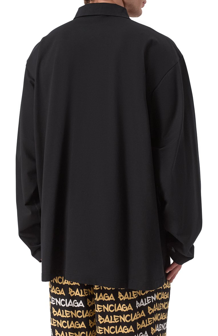 Мужское хлопковое поло garde-robe BALENCIAGA черного цвета, арт. 806144/TRVW4 | Фото 4 (Рукава: Длинные; Материал внешний: Хлопок; Длина (для топов): Удлиненные; Принт: Без принта; Застежка: Пуговицы; Стили: Кэжуэл; Автоматизация состава: Проставлено; Автоматизация ТО: Проставлено; Кросс-КТ: Джерси; Детали: Без декора)