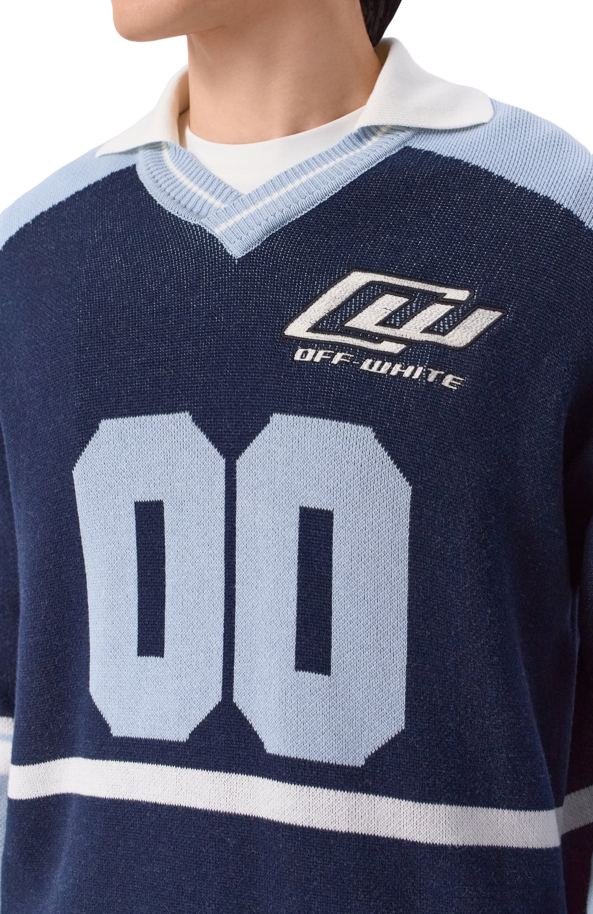 Хлопковый пуловер OFF-WHITE синего цвета по цене 95800 руб., арт. 0MHV008S26KNI001, фото 5 Хлопковый пуловер OFF-WHITE, арт. 0MHV008S26KNI001, фото 5