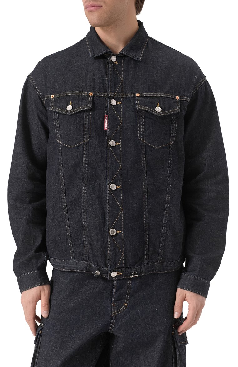 Мужская джинсовая куртка DSQUARED2 темно-синего цвета, арт. S78DM0045/S30825 | Фото 3 (Материал внешний: Хлопок, Деним; Длина (верхняя одежда): Короткие; Рукава: Длинные; Кросс-КТ: Деним, Легкие; Стили: Кэжуэл; Автоматизация состава: Проставлено; Автоматизация ТО: Проставлено)