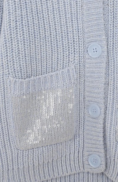 Кардиган крупной вязки на пуговицах с пайетками ARMANI JUNIOR голубого цвета по цене 19950 руб., арт. 6Y3E74/3MFGZ/4A-10A, фото 3 Кардиган крупной вязки на пуговицах с пайетками ARMANI JUNIOR, арт. 6Y3E74/3MFGZ/4A-10A, фото 3